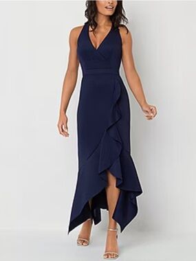 DJ-Jaz Ruffle Evening Gown Dress Size 12 Navy Blue Curvy Stretch Feminine V-Neck